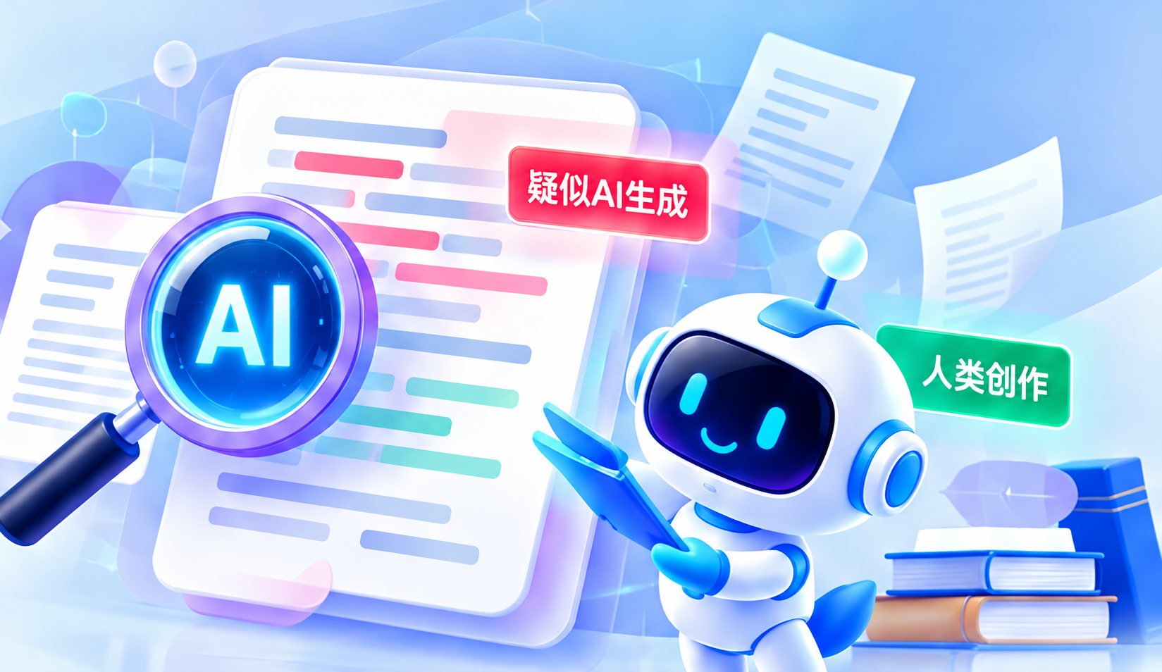 AI 放大镜识别文章,机器人展示人工创作内容